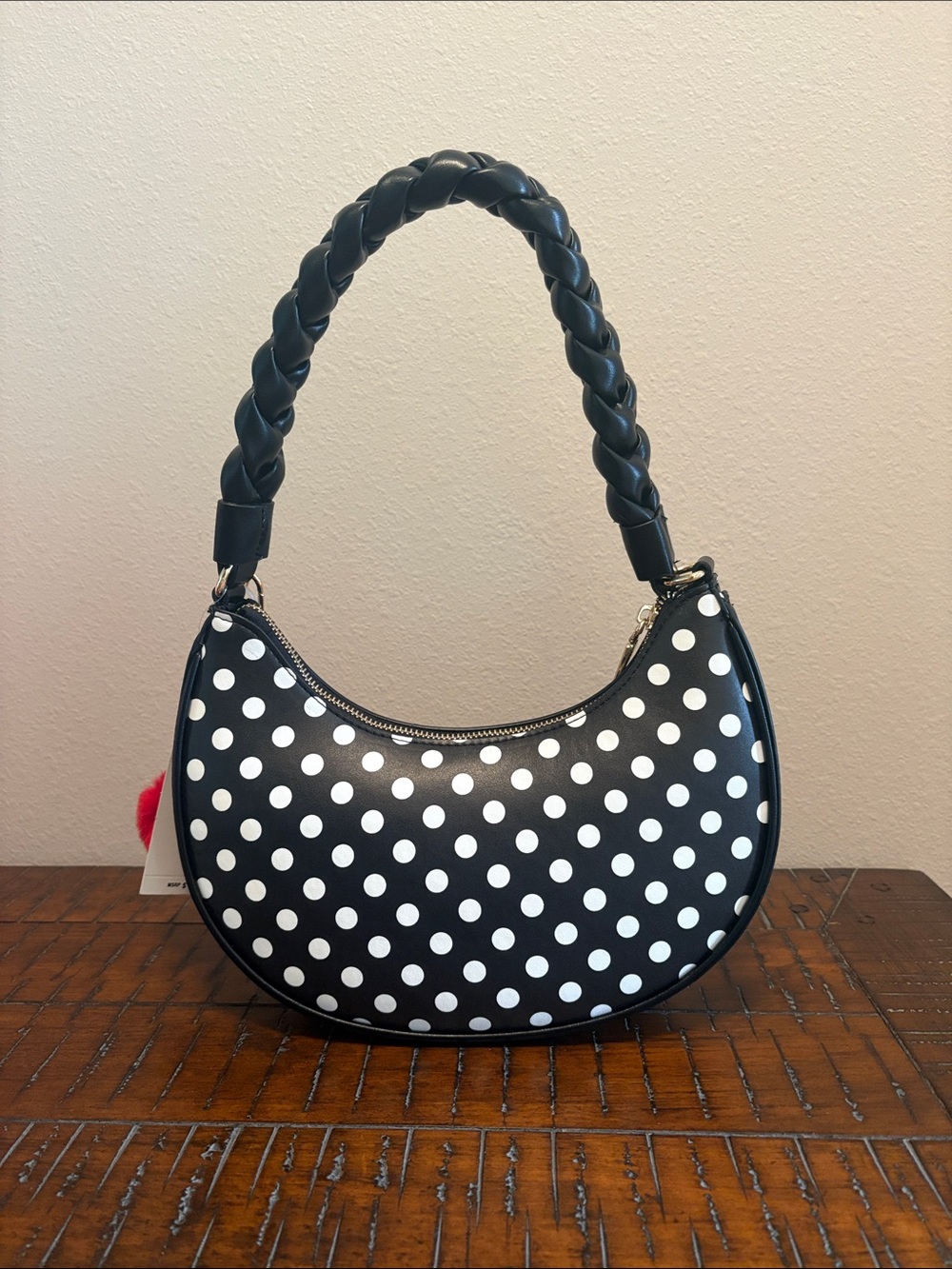 Betsey Johnson Black & White Polka Dot Crescent Shoulder Bag with Cherry Charm - Picture 2 of 16
